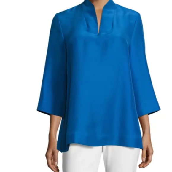 Eileen Fisher Tops - Eileen Fisher Blue 3/4-Sleeve High-Collar 100% Doupioni Silk Blouse Size 1X